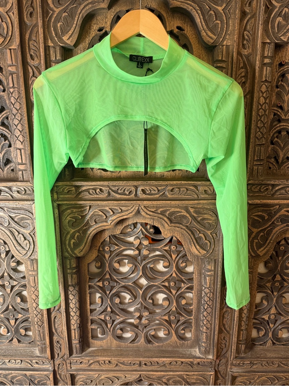Dolls Kill - Neon Green Mesh Long Sleeve Crop Top - Club EXX
